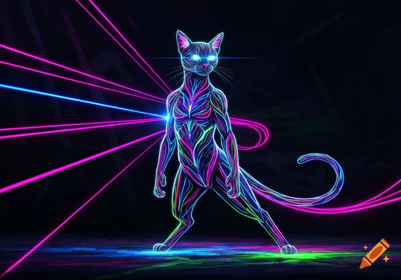 A stylized cat figure made of glowing neon lines in blue, pink, and green, with bright eyes, against a dark background with laser beams.