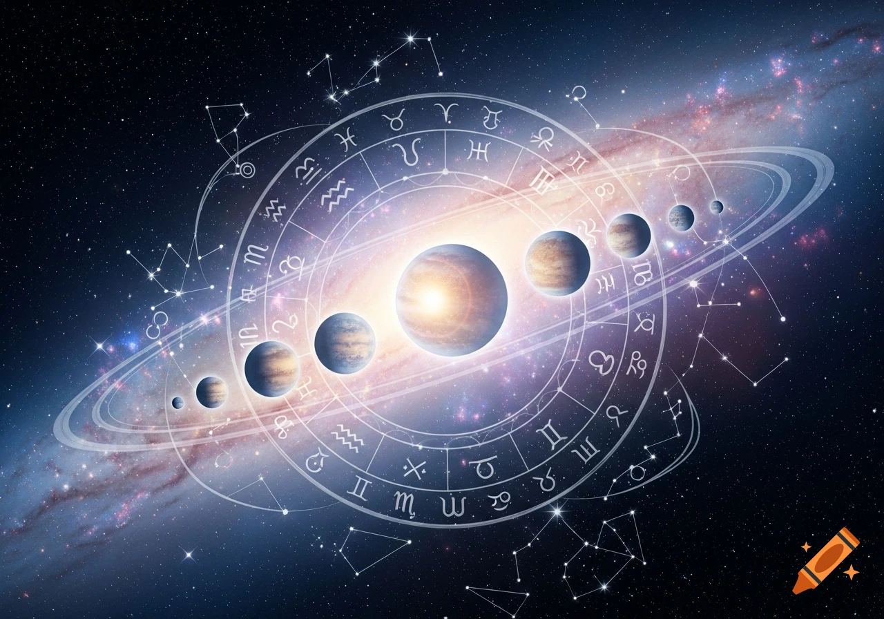 Planets orbiting within a ring of zodiac signs, surrounded by constellations and a galaxy in deep space.