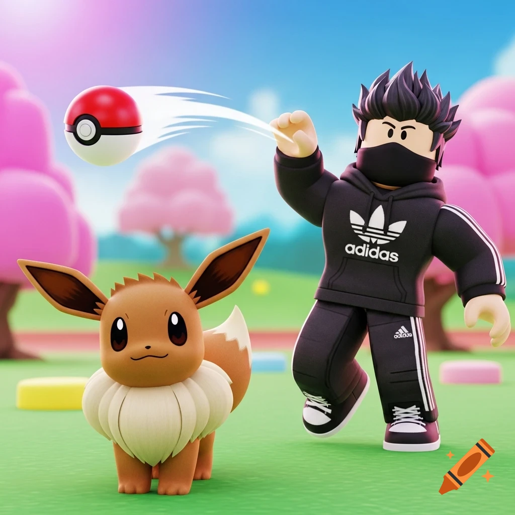 A Roblox character in a black Adidas hoodie throws a Pokeball at a cute Eevee in a bright 3D game style scene.