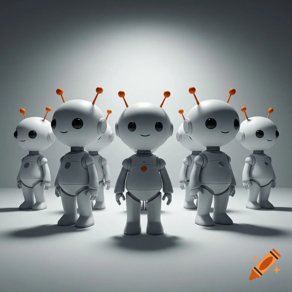 Seven stylized white robots with orange antennae, resembling the Reddit mascot, stand in a row in a minimalist 3D render.