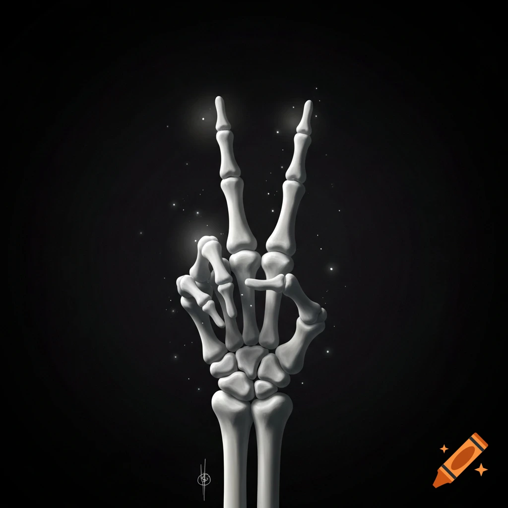A stylized white skeleton hand making a peace sign gesture against a dark background with subtle sparkling lights.