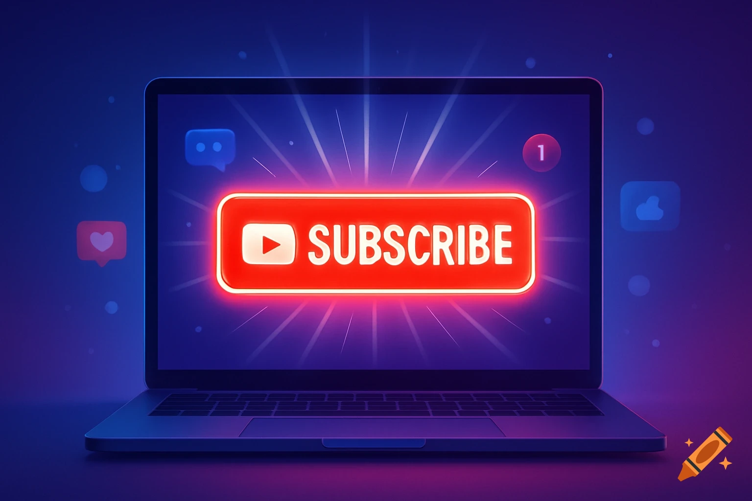 A glowing red 'Subscribe' button with a YouTube logo on a laptop screen, surrounded by social media icons on a blue background.