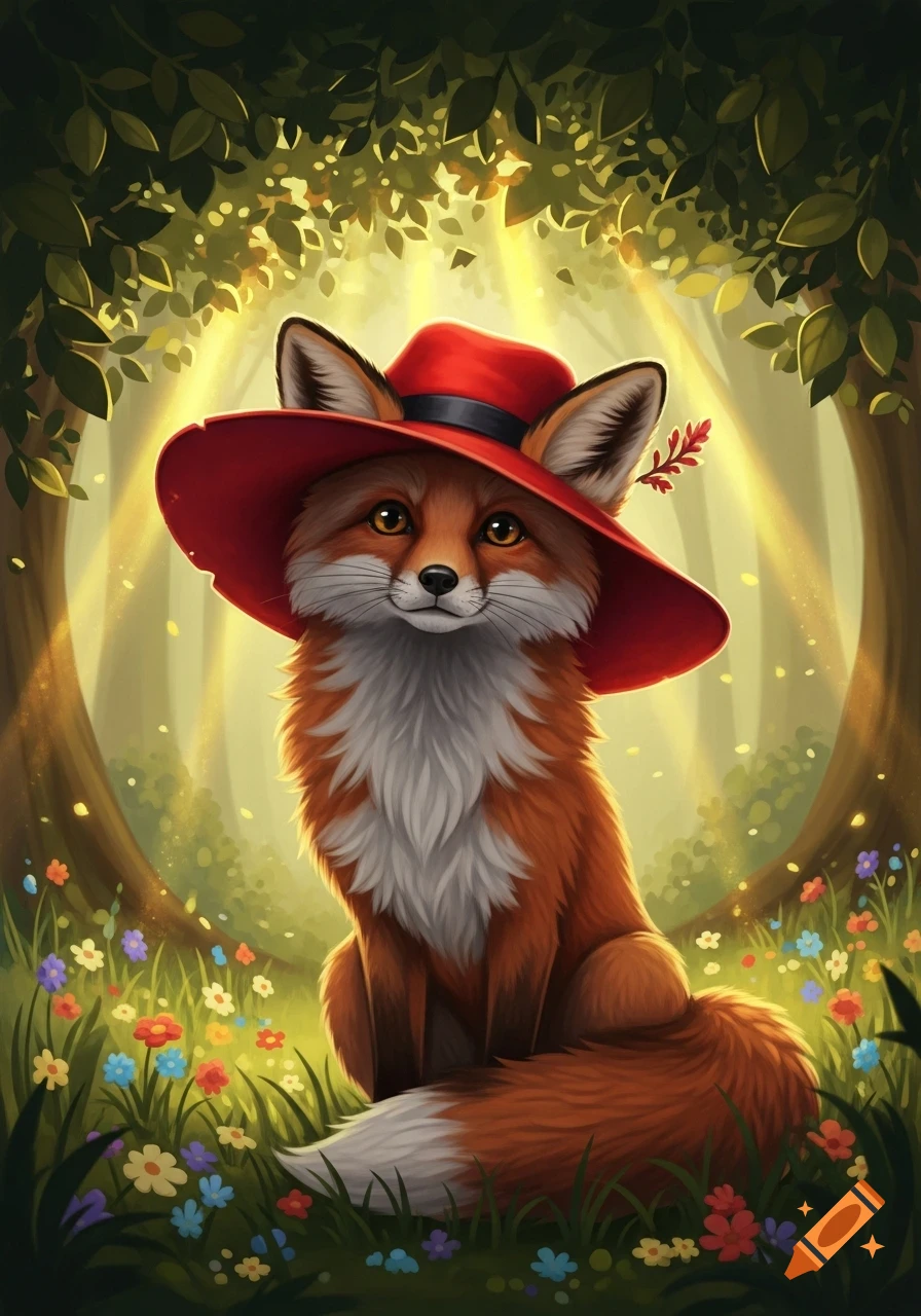 A cute cartoon fox wearing a red hat sits in a sunlit forest clearing among colorful flowers.