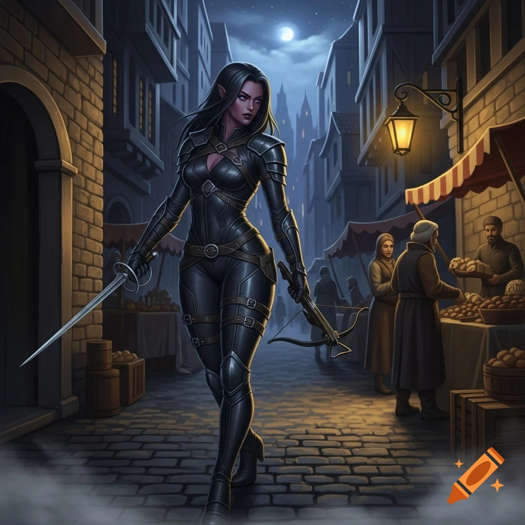A Drow rogue in dark armor, holding a rapier and crossbow, stands on a ...