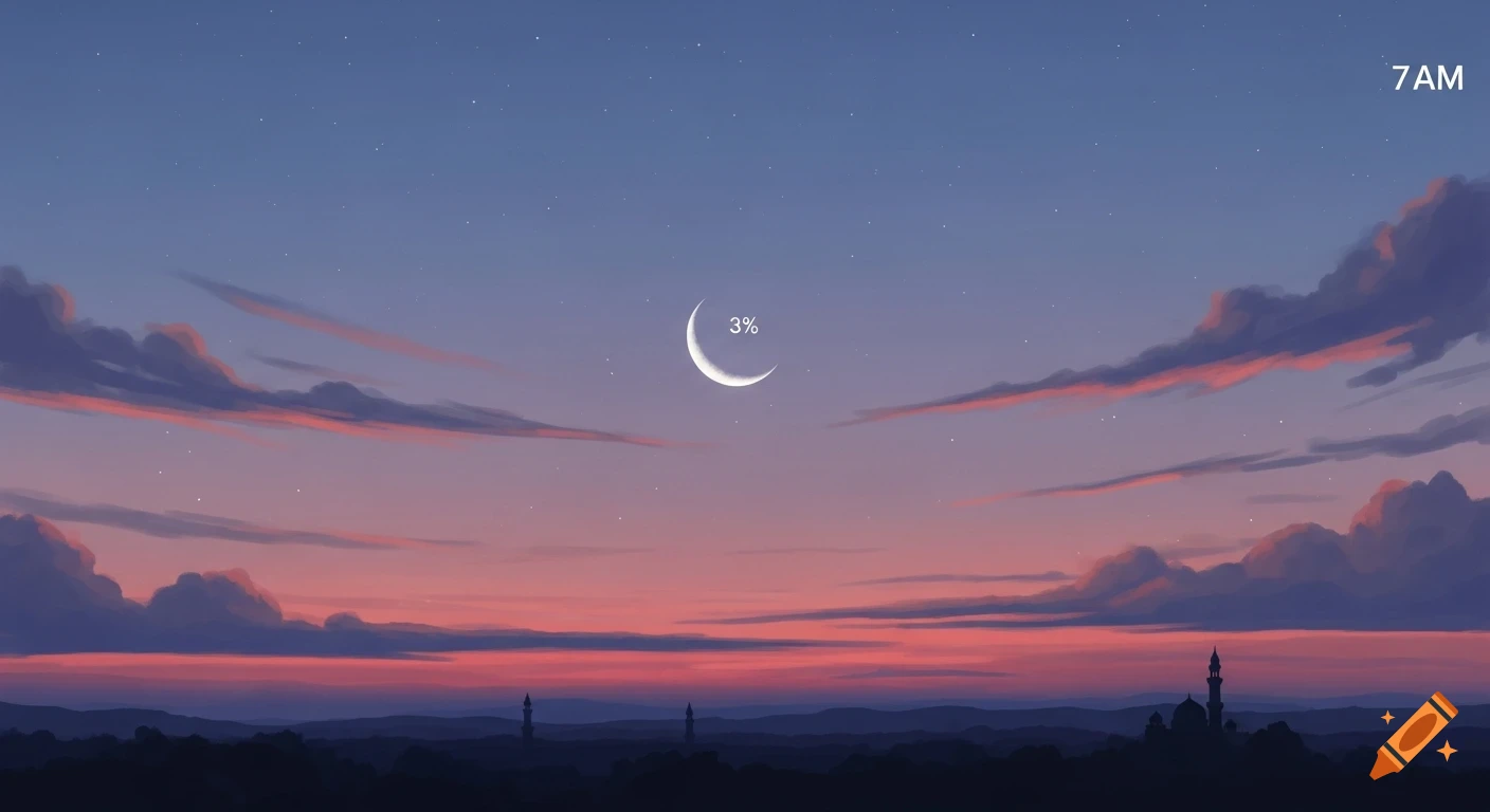 Stylized digital painting of a dawn sky with pink clouds, a waning crescent moon (3% illum.) and '7AM'. Silhouetted landscape with minarets.
