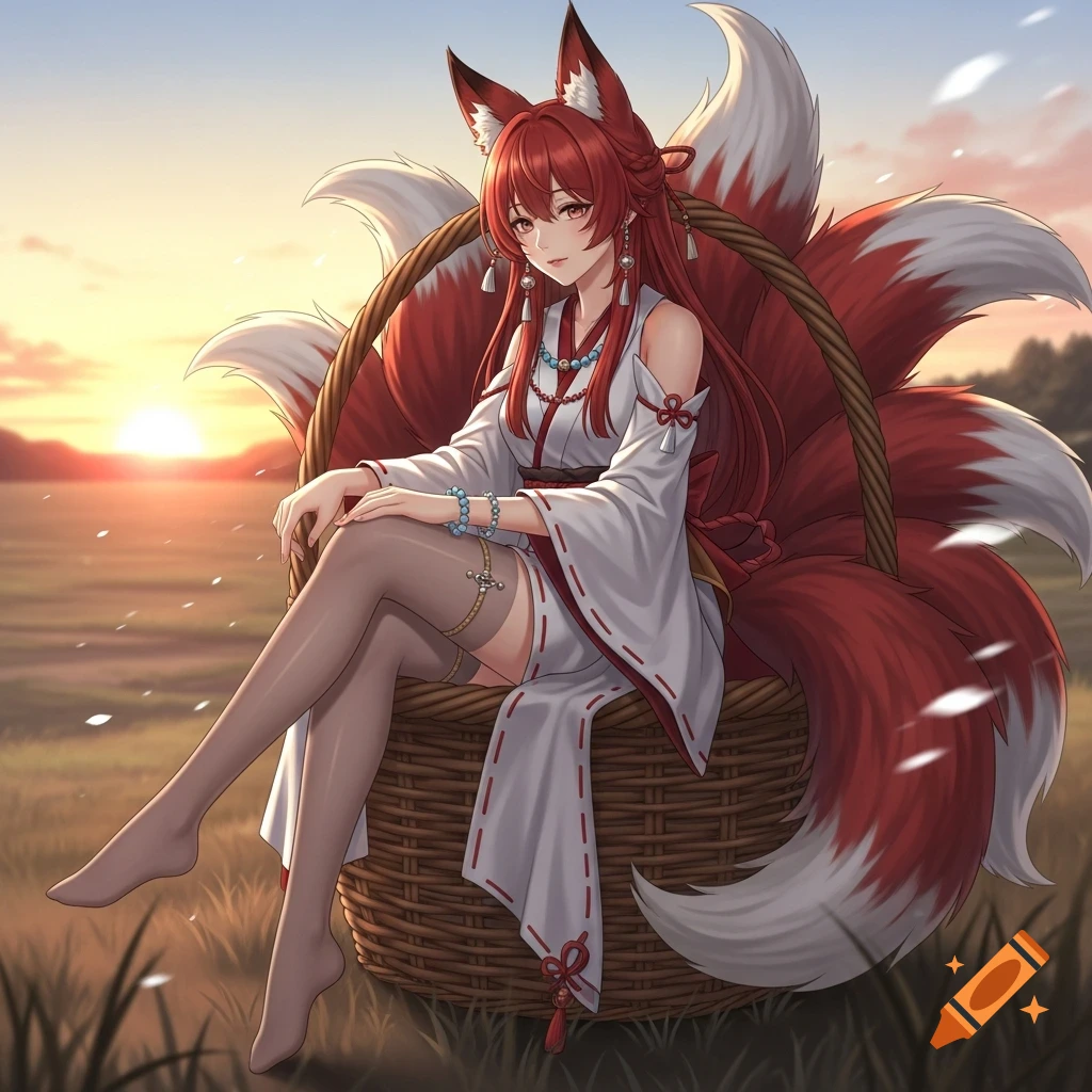 An anime fox girl with red hair and multiple tails sits in a basket in a field at sunset, wearing a white and red robe and stockings.