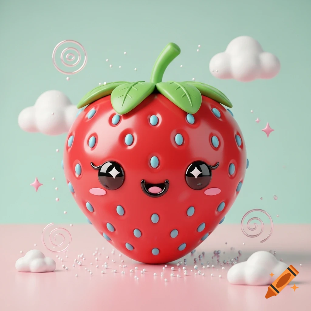 3D rendered kawaii strawberry with a happy face, surrounded by clouds, stars, and sprinkles, on a pink surface with a light blue background.