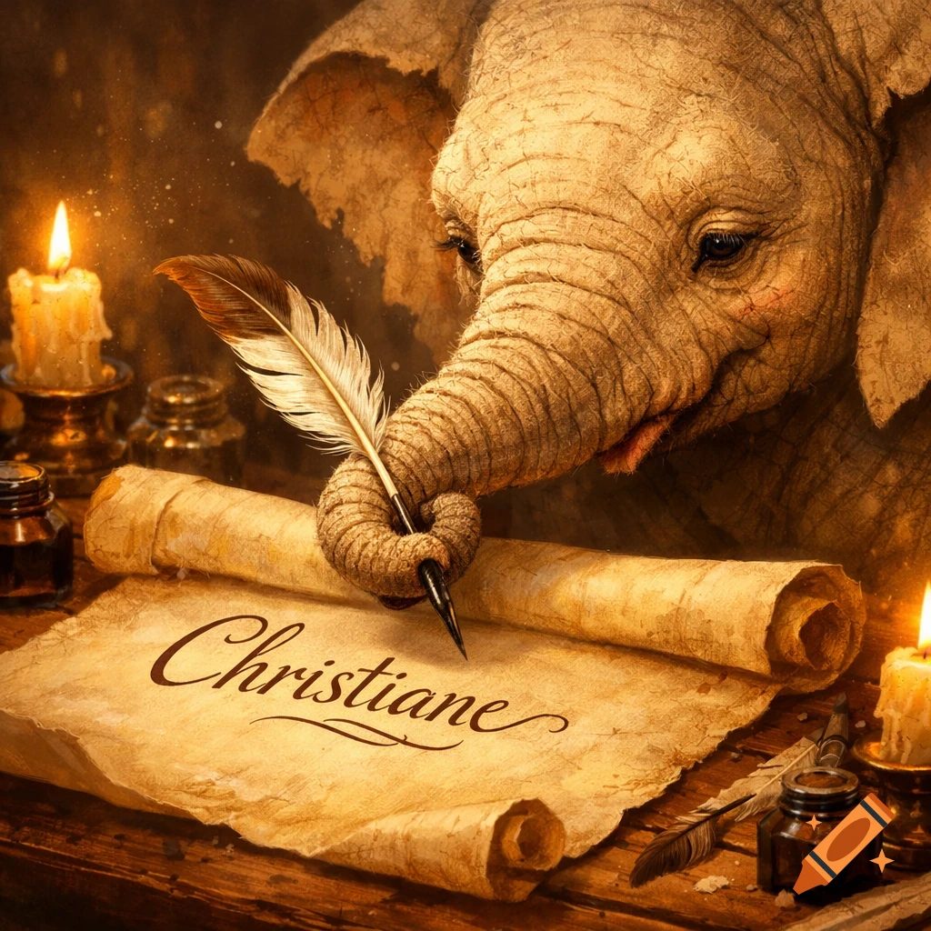 A whimsical baby elephant writes 'Christiane' on a parchment scroll with a quill, illuminated by candlelight.