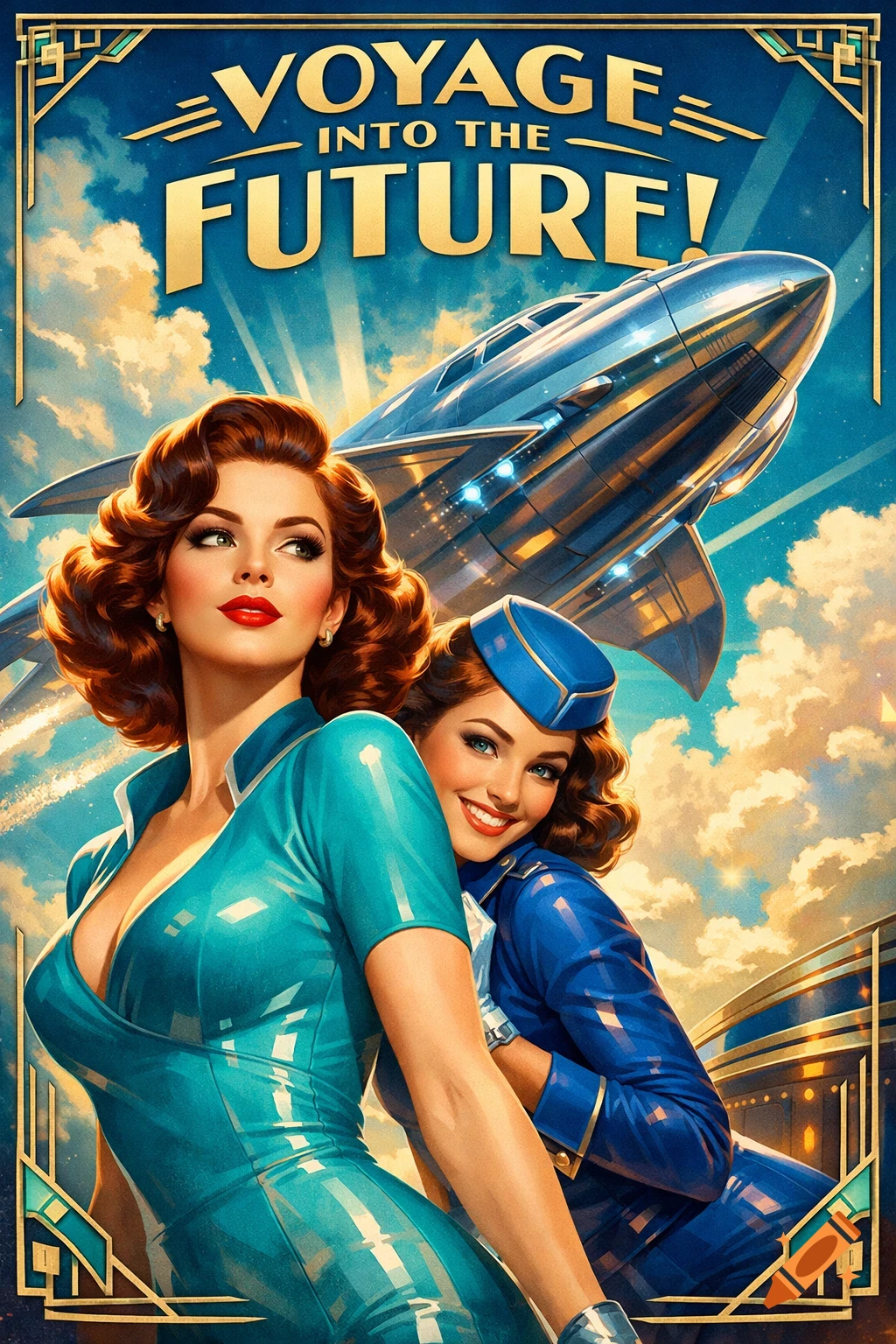 Art Deco poster of two glamorous women in retro-futuristic uniforms, with a sleek silver spaceship flying behind them in a vibrant sky, text reads "VOYAGE INTO THE FUTURE!"
