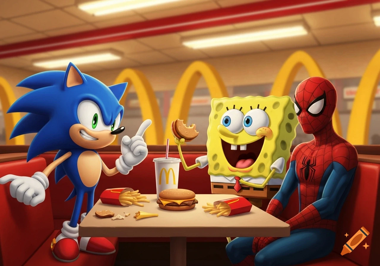 Sonic, Spongebob, and Spider-Man sit at a table in a McDonald's, eating burgers and fries. Spongebob holds a bitten burger.