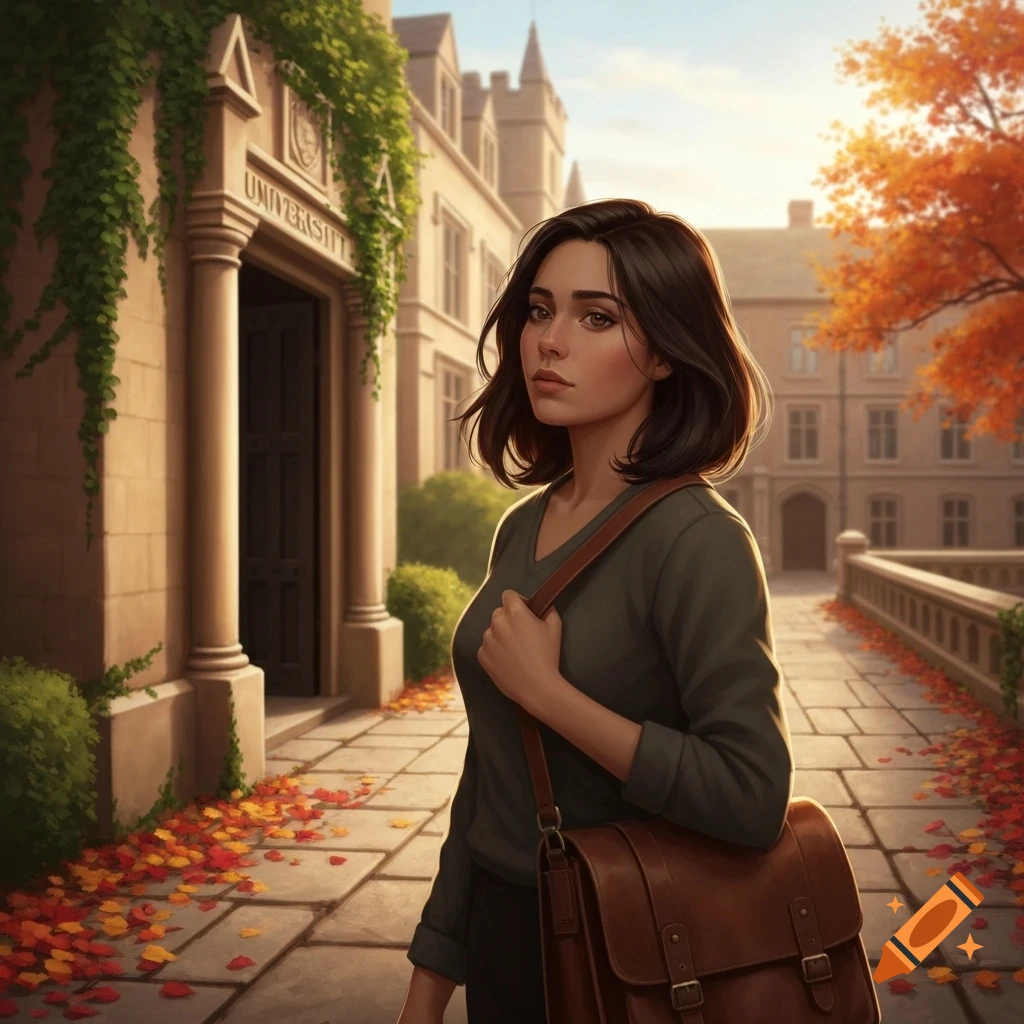 An illustrated woman with a school bag walks on a university campus path covered in autumn leaves, under a sunny sky.