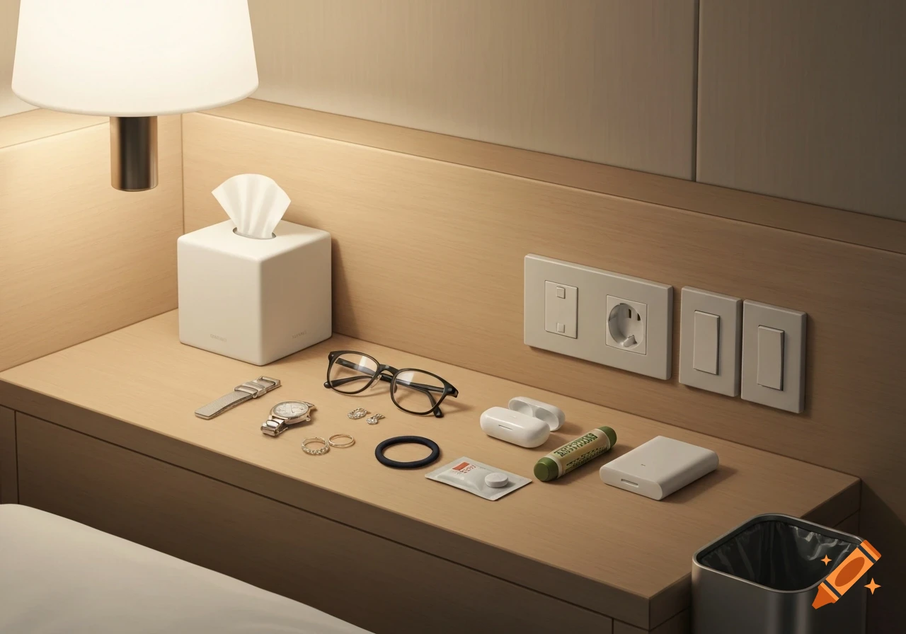 A neat bedside table with a lamp, tissue box, glasses, watch, jewelry, wireless earphones, a green tube, a power bank, and electrical outlets.