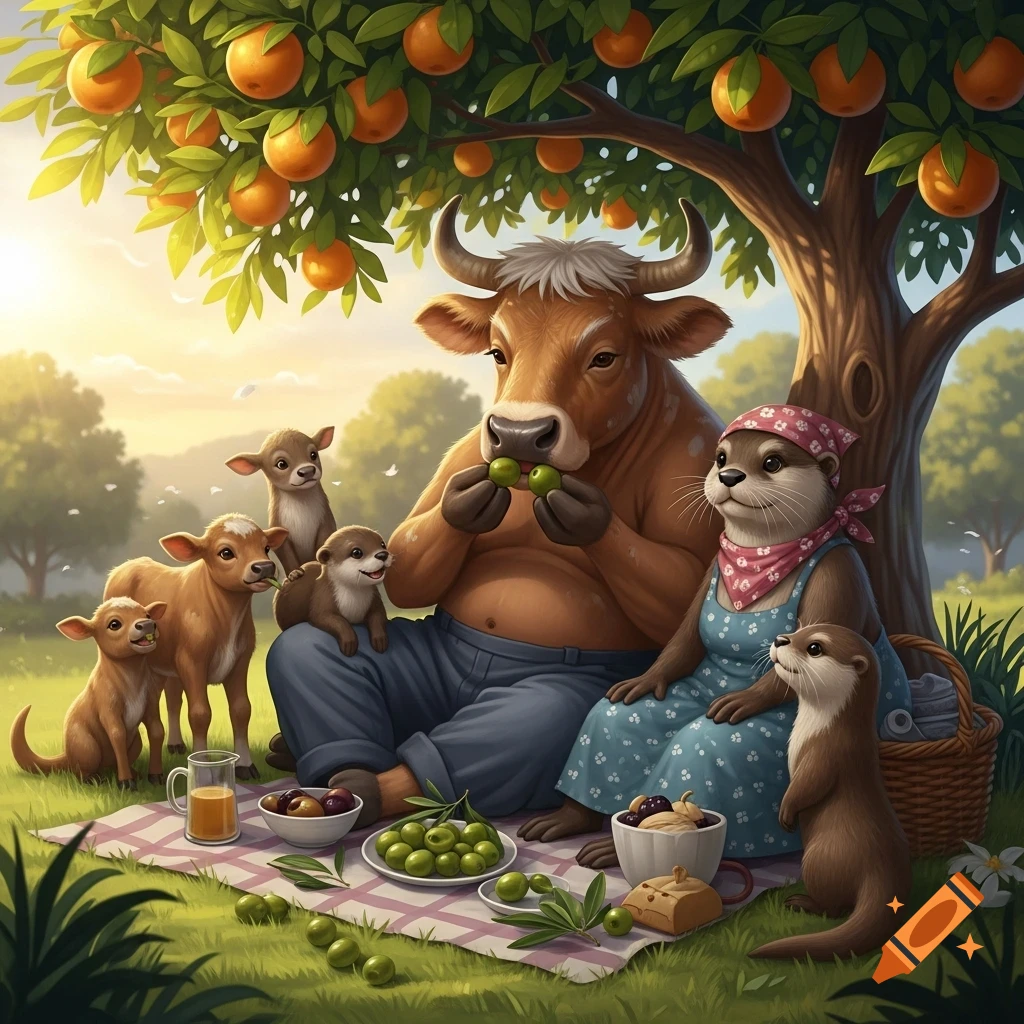 An anthropomorphic ox and otter wife picnic under an orange tree with their calves and baby otters, eating olives in a sunny, illustrated field.