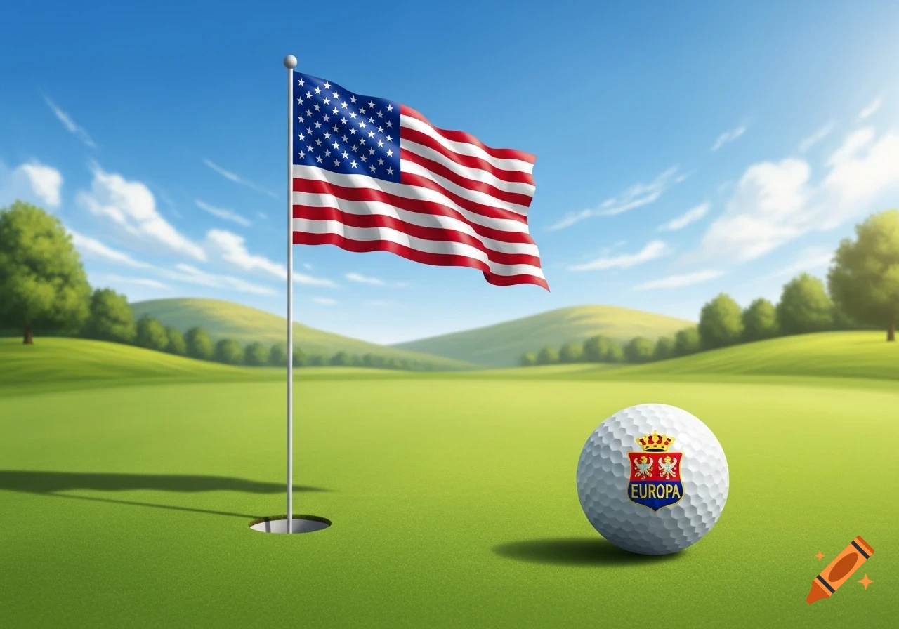 A golf ball with a 'EUROPA' emblem and a US flag on a pole next to a hole on a green golf course under a clear blue sky.