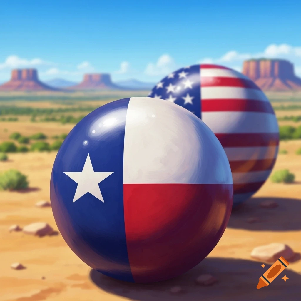 A glossy Texas flag sphere and a blurred US flag sphere rest on a desert floor with mesas under a blue sky, in a stylized illustration.