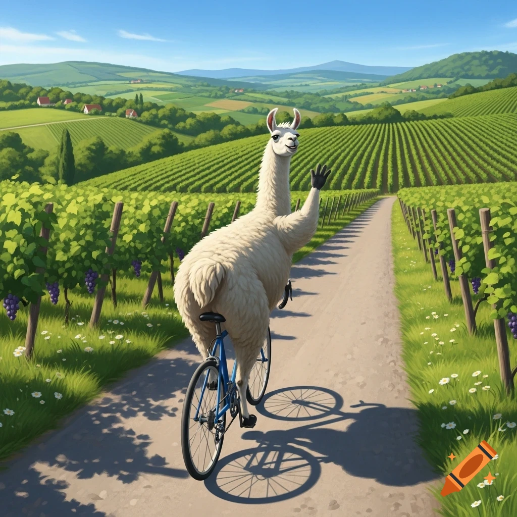A smiling white llama on a blue bicycle waves while riding down a path through a sunny vineyard with rolling green hills in the background.