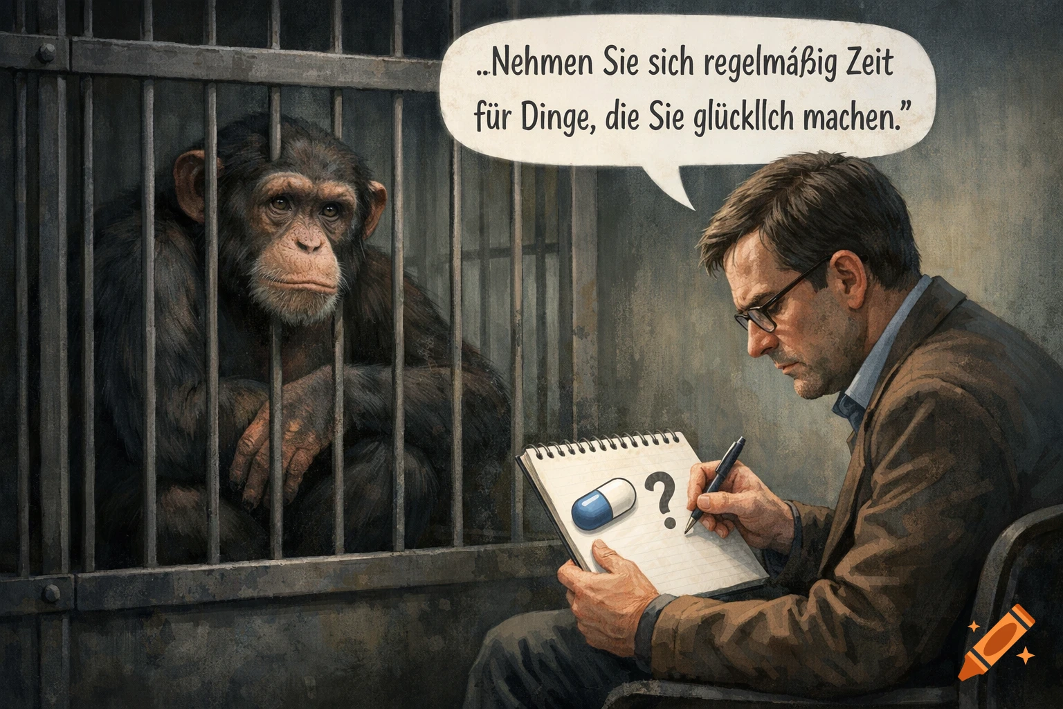 An illustration depicts a chimpanzee in a cage observing a psychologist taking notes on a pad with a pill and question mark. A speech bubble above the psychologist reads in German, "Take regular time for things that make you happy."