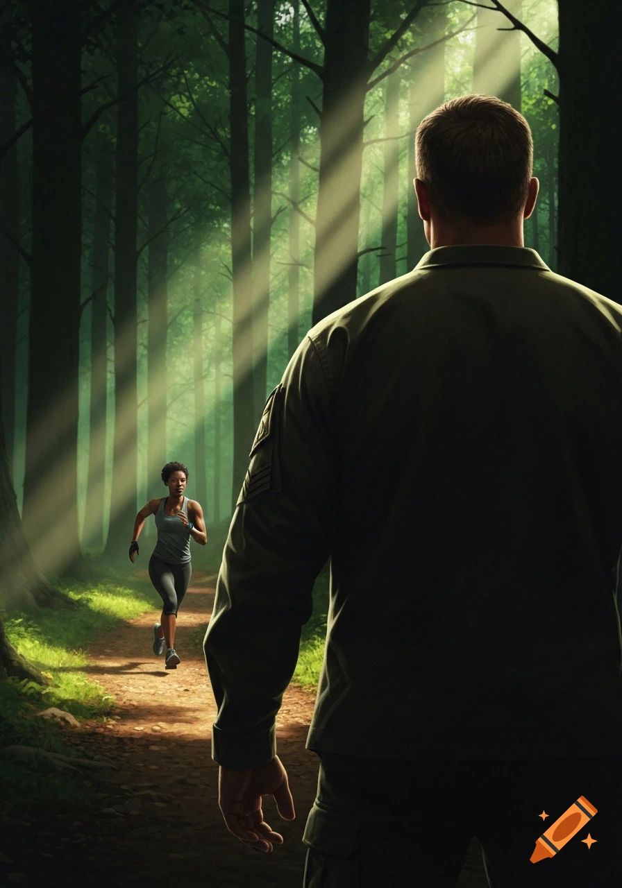 A broad-shouldered man in military uniform stands in a dark forest, observing a woman running on a sunlit trail in the background.