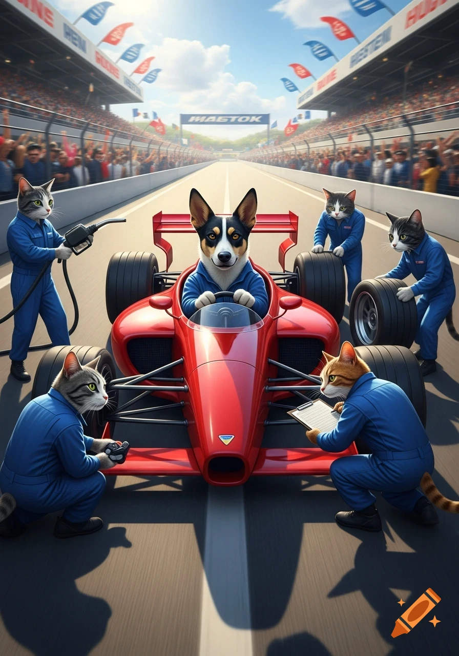 A dog in a red racecar sits on a track while four cats in blue overalls, acting as a pit crew, tend to the car, with a cheering crowd in the background.