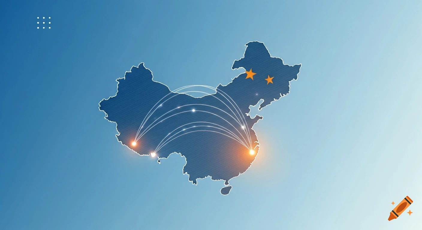 Stylized map of China with glowing trade lines indicating export, set against a blue gradient background.