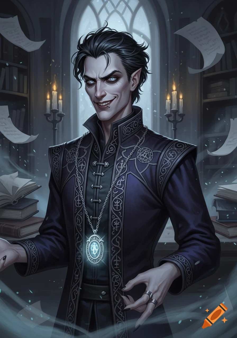 A sinister, pale-skinned man with pointed ears and a sneer, wearing an ornate dark coat and glowing pendant, in a gothic library.