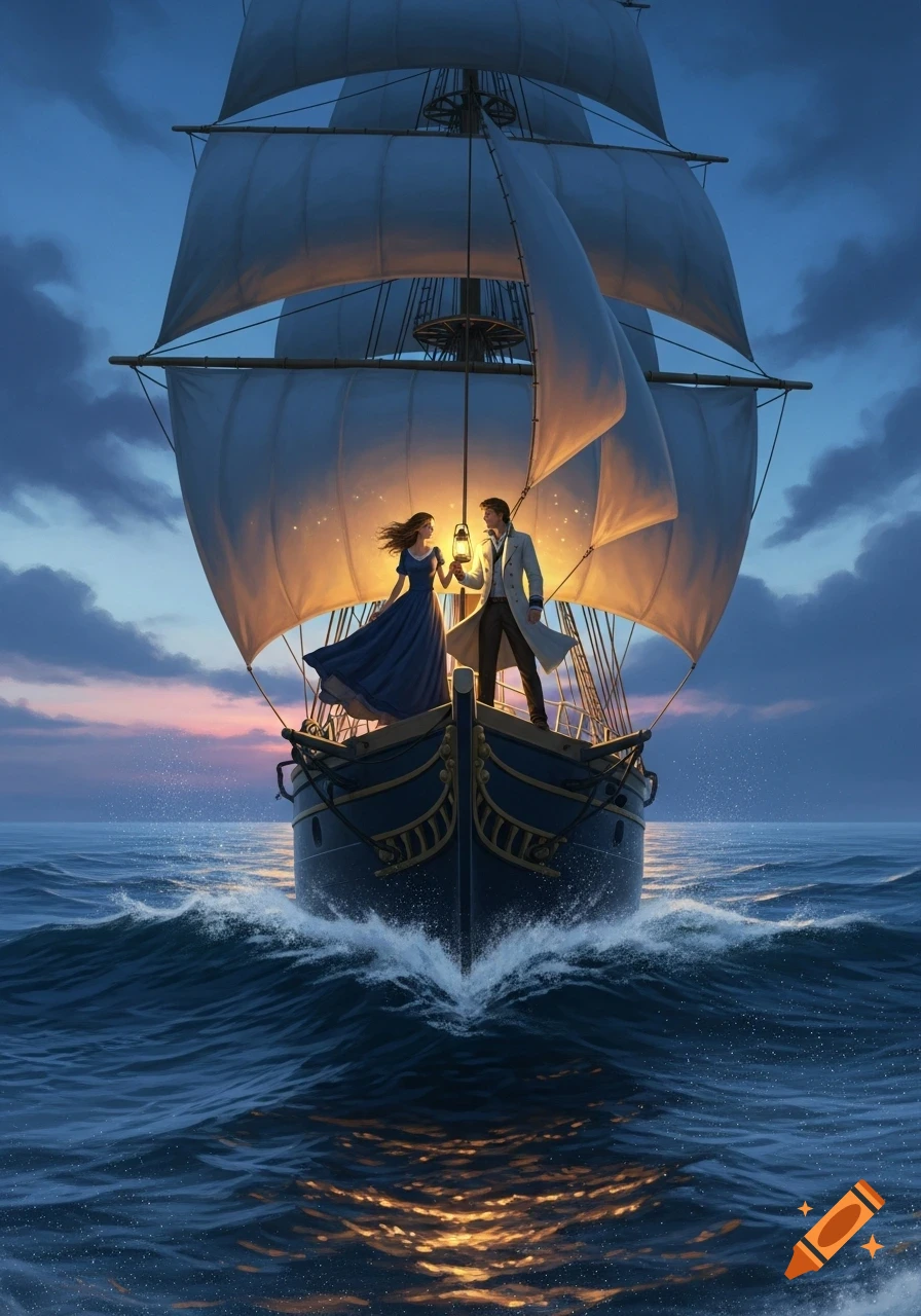 A couple stands on the bow of a large sailing ship, holding a glowing lantern at sunset on a rough sea. Fantasy art style.