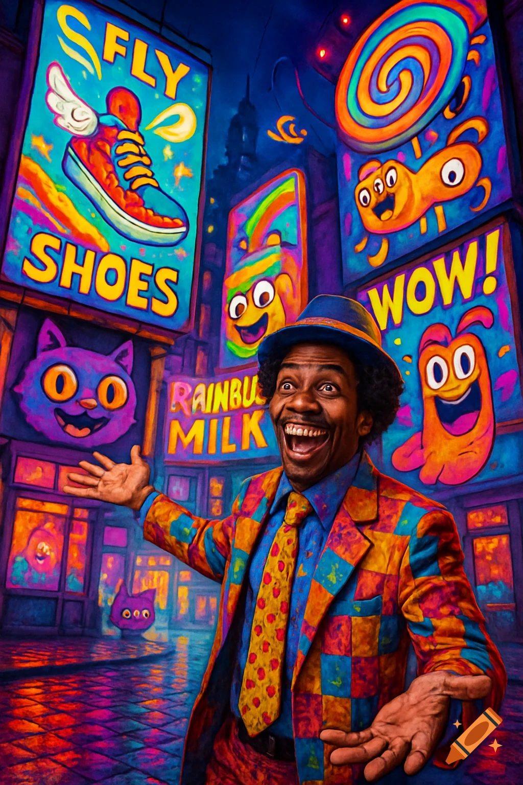 A man in a vibrant, checkered suit smiles broadly on a neon-lit street filled with bizarre, pop art advertisements and cartoon characters.