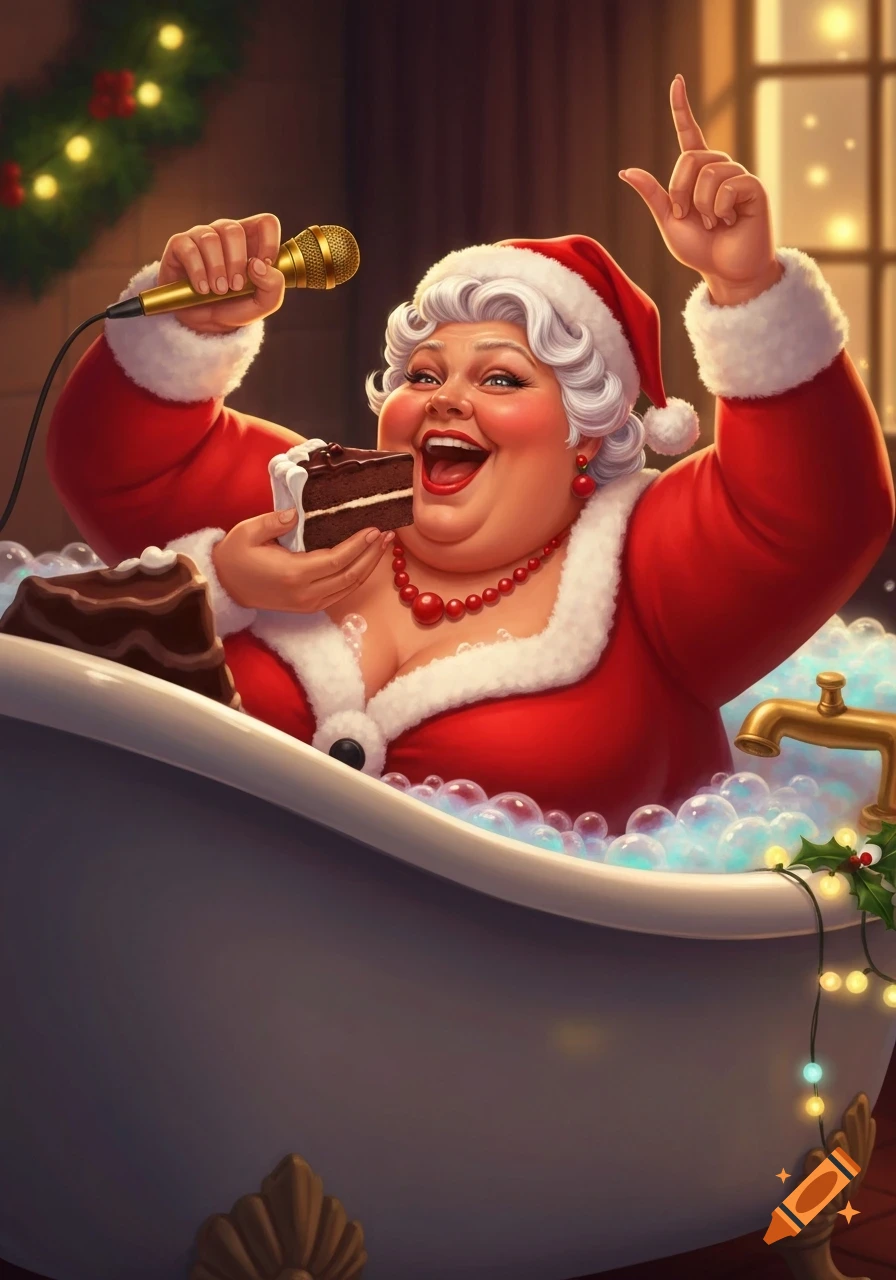 A cartoon Ms. Claus in a bubble bath, wearing a Santa suit, holding a microphone and chocolate cake, with festive decor.