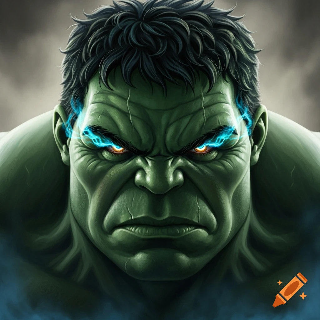 A dramatic close-up of a green, muscular superhero, resembling the Hulk, with glowing orange eyes and blue energy crackling around its angry eyebrows.