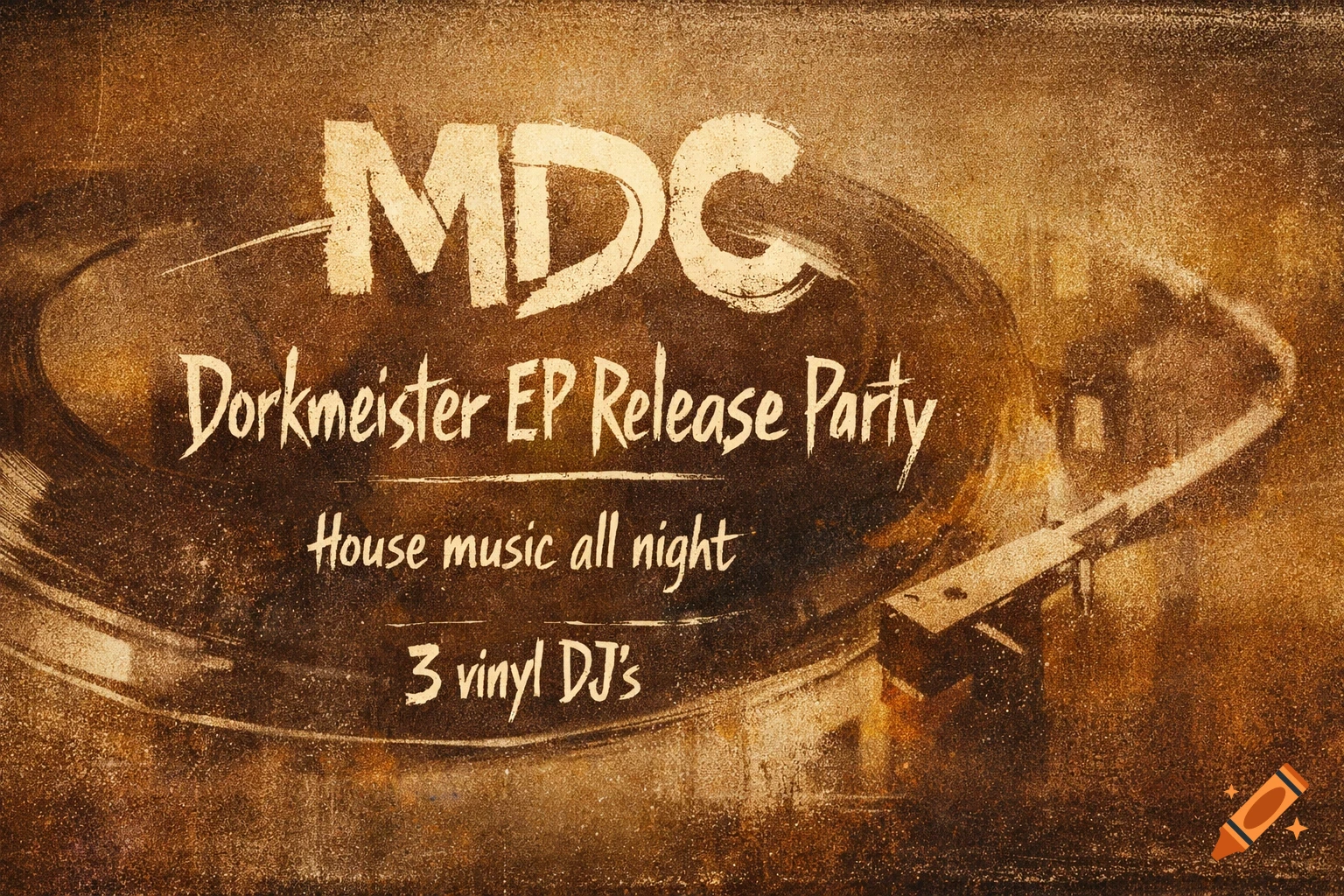 Distressed brown and beige event banner for 'MDC Dorkmeister EP Release Party' with 'House music all night' and '3 vinyl DJ's' text, featuring an abstract vinyl record.