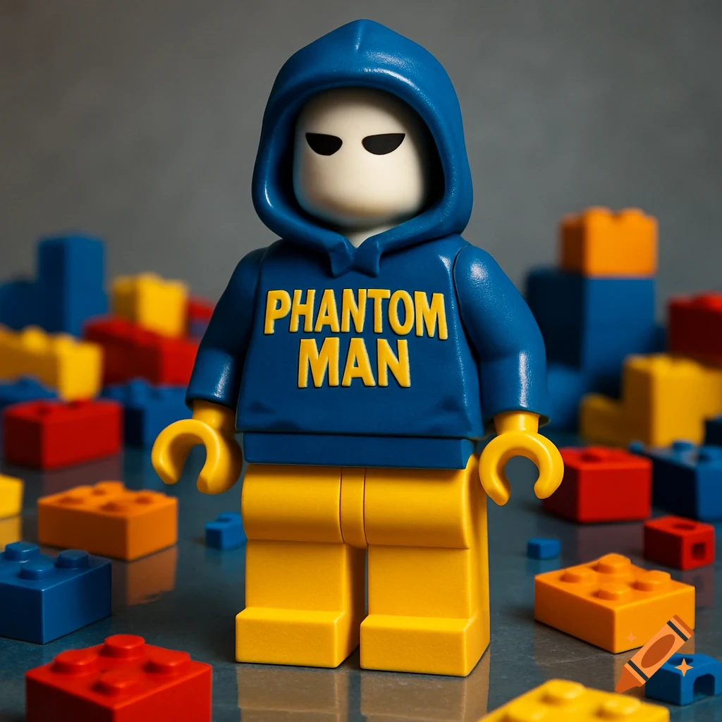 A detailed Lego minifigure of Phantom Man in a blue hoodie with 'PHANTOM MAN' written in yellow, wearing yellow pants, surrounded by scattered red, blue, and yellow Lego bricks.