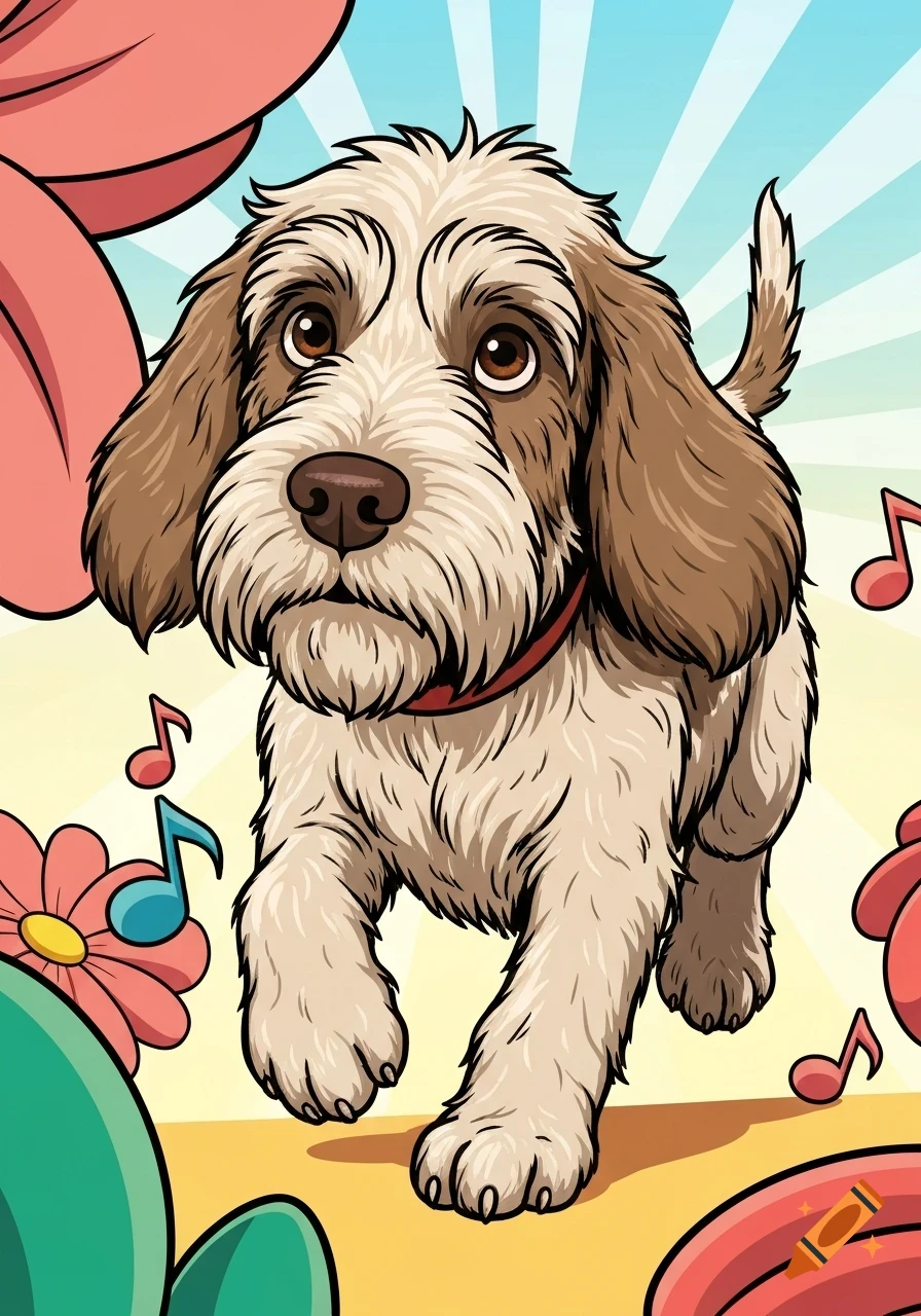 Cartoon illustration of a cute Italian Spinone dog walking forward, surrounded by musical notes and stylized flowers on a bright background.
