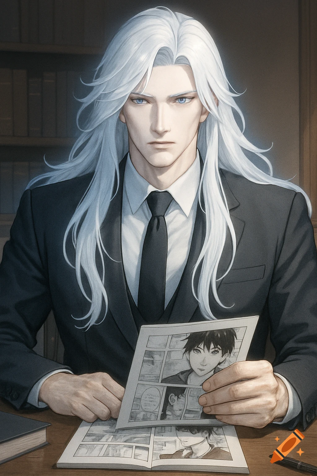 Anime-style character with long white hair and blue eyes in a black suit, holding a comic book at a desk.