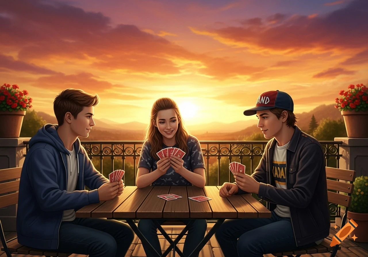 Three teenagers play cards at a wooden table on a terrace with a railing, silhouetted against a vibrant orange sunset over distant hills. Art style is a detailed digital painting.