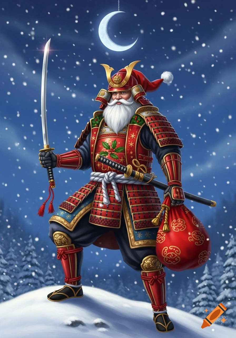 A samurai Santa Claus with a white beard, wearing red and gold armor, holding a katana and a gift sack in a snowy landscape under a crescent moon.