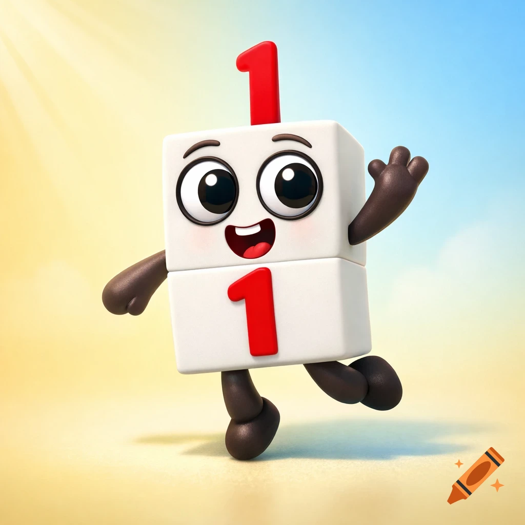 A cheerful, cube-shaped cartoon character with big eyes and a smile, representing Numberblock One with two red '1's on its body, waves a hand against a sunny sky.