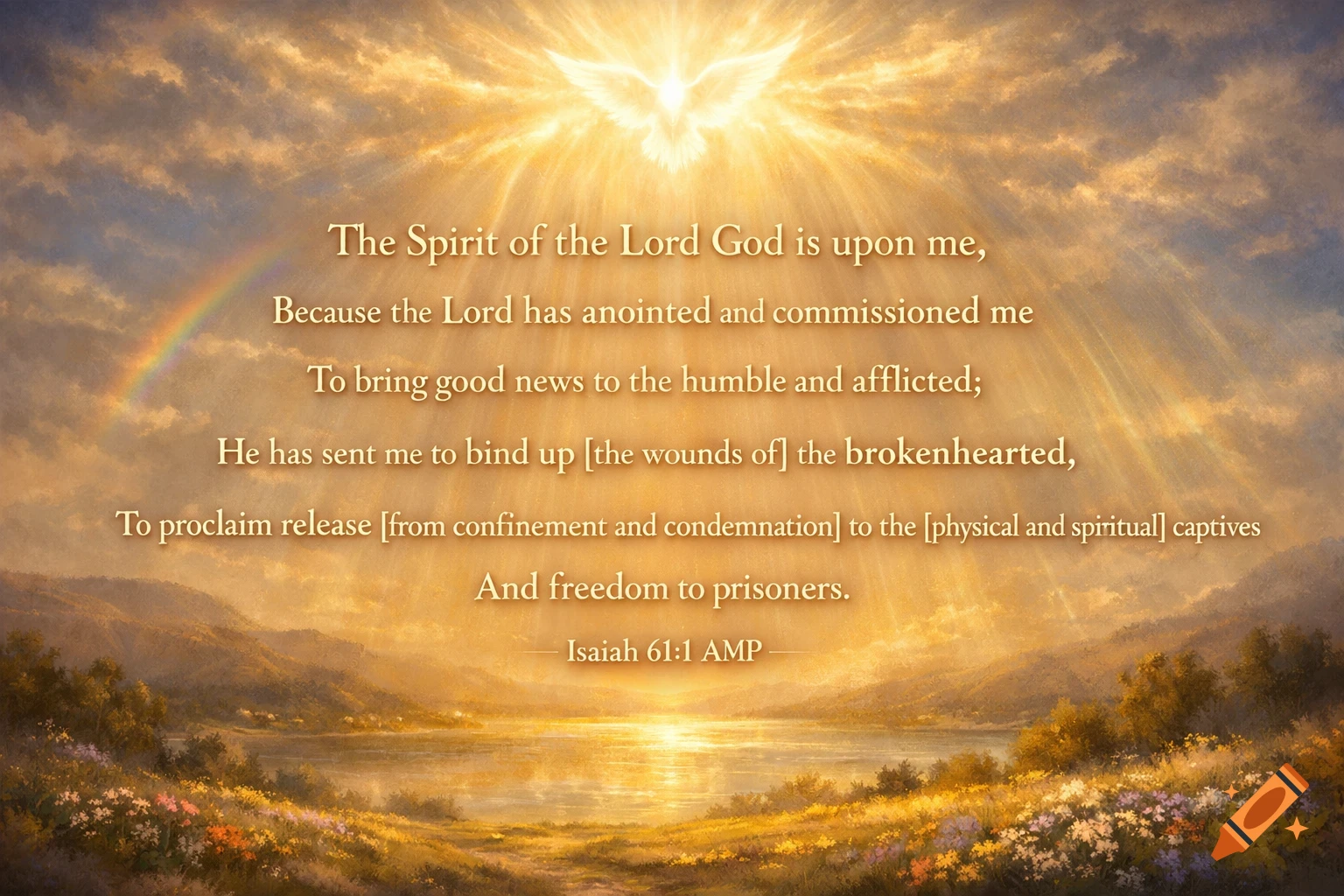 A glowing dove in a golden sky with a rainbow over a peaceful lake and mountain landscape. An inspirational Bible verse is overlaid.