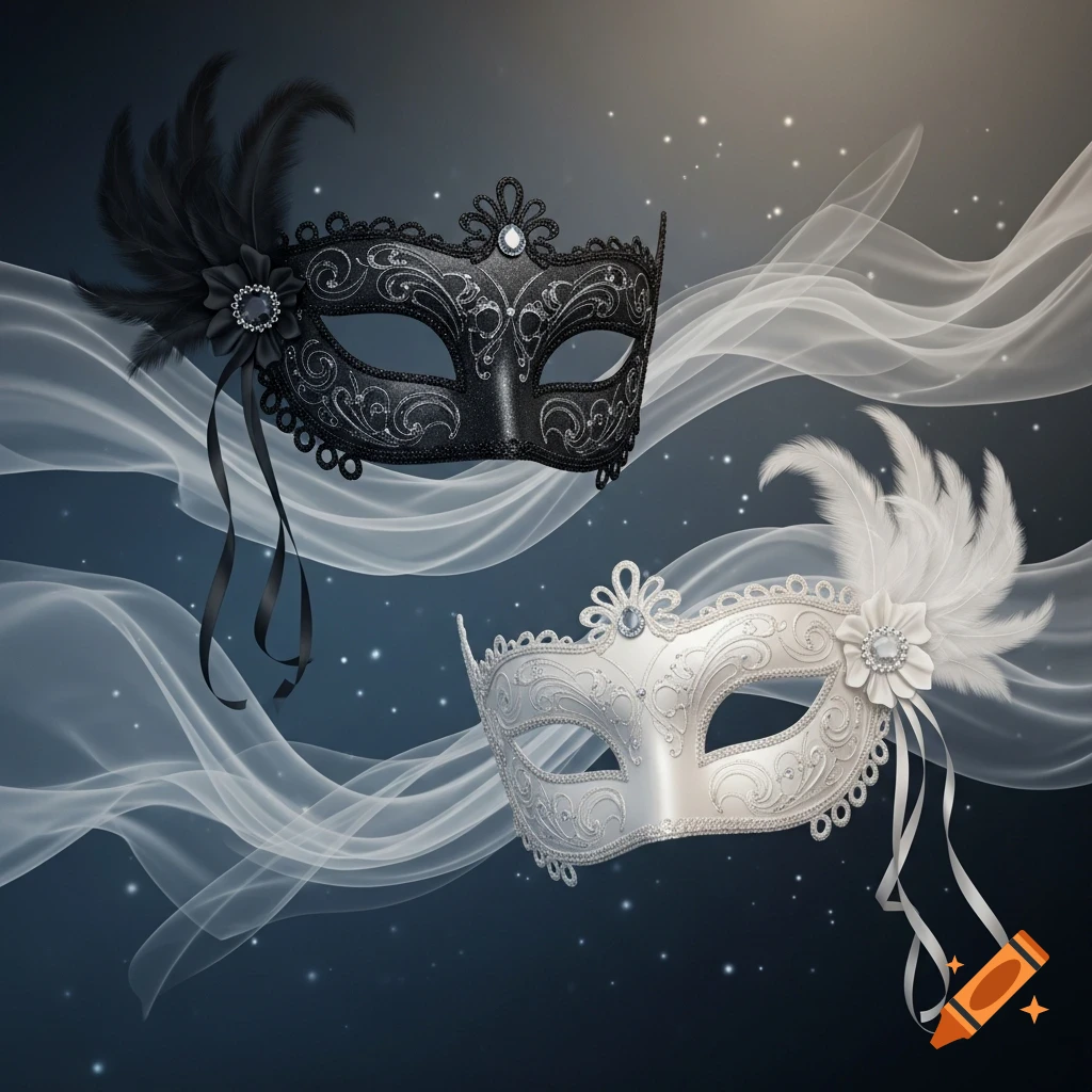 Two ornate masquerade masks, one black and one white, with feathers and ribbons, on a dark sparkling background with flowing white fabric.