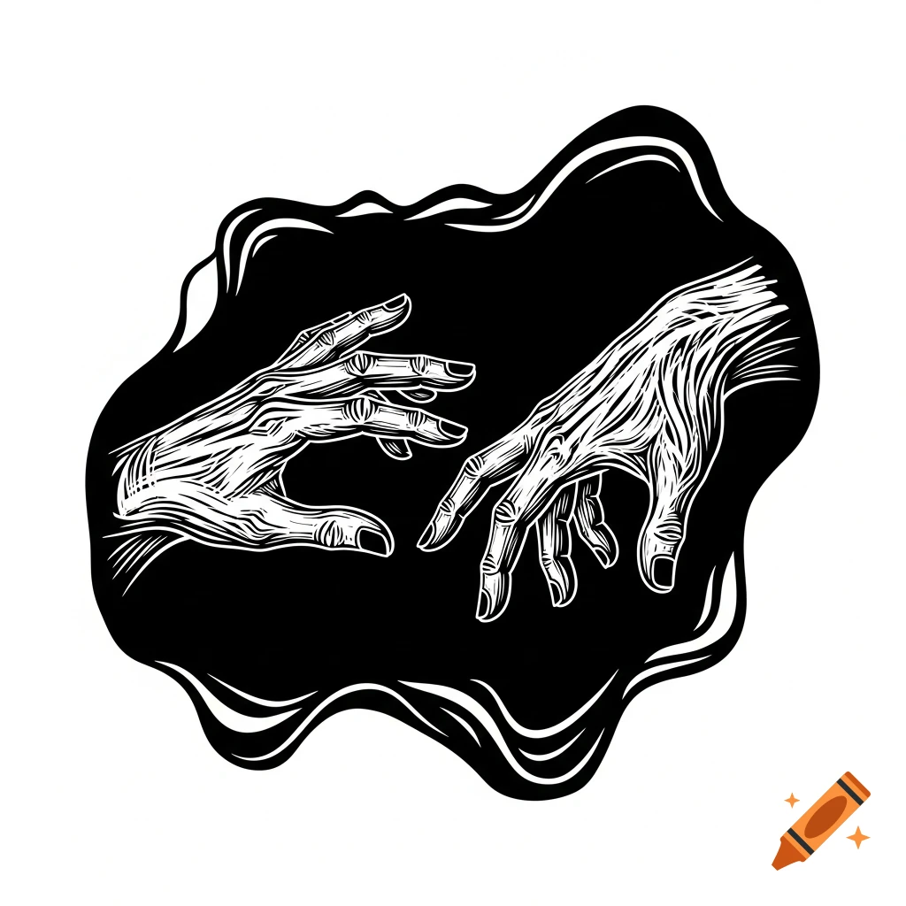 Linocut illustration of two stylized hands reaching towards each other within a wavy black abstract shape on a white background.