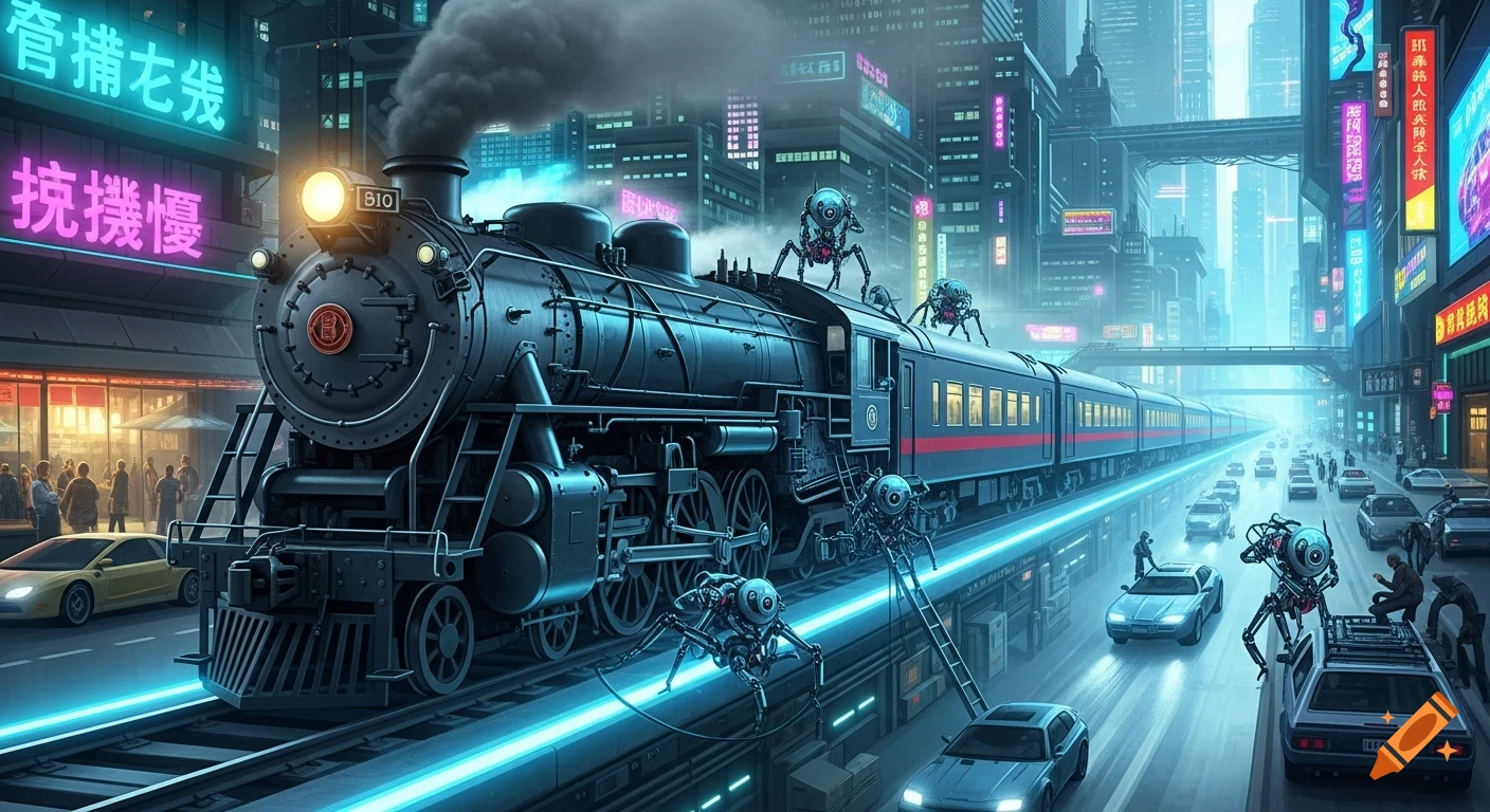 A steam train with glowing blue tracks and spider-like robots rides through a neon-lit cyberpunk city with skyscrapers and futuristic cars.