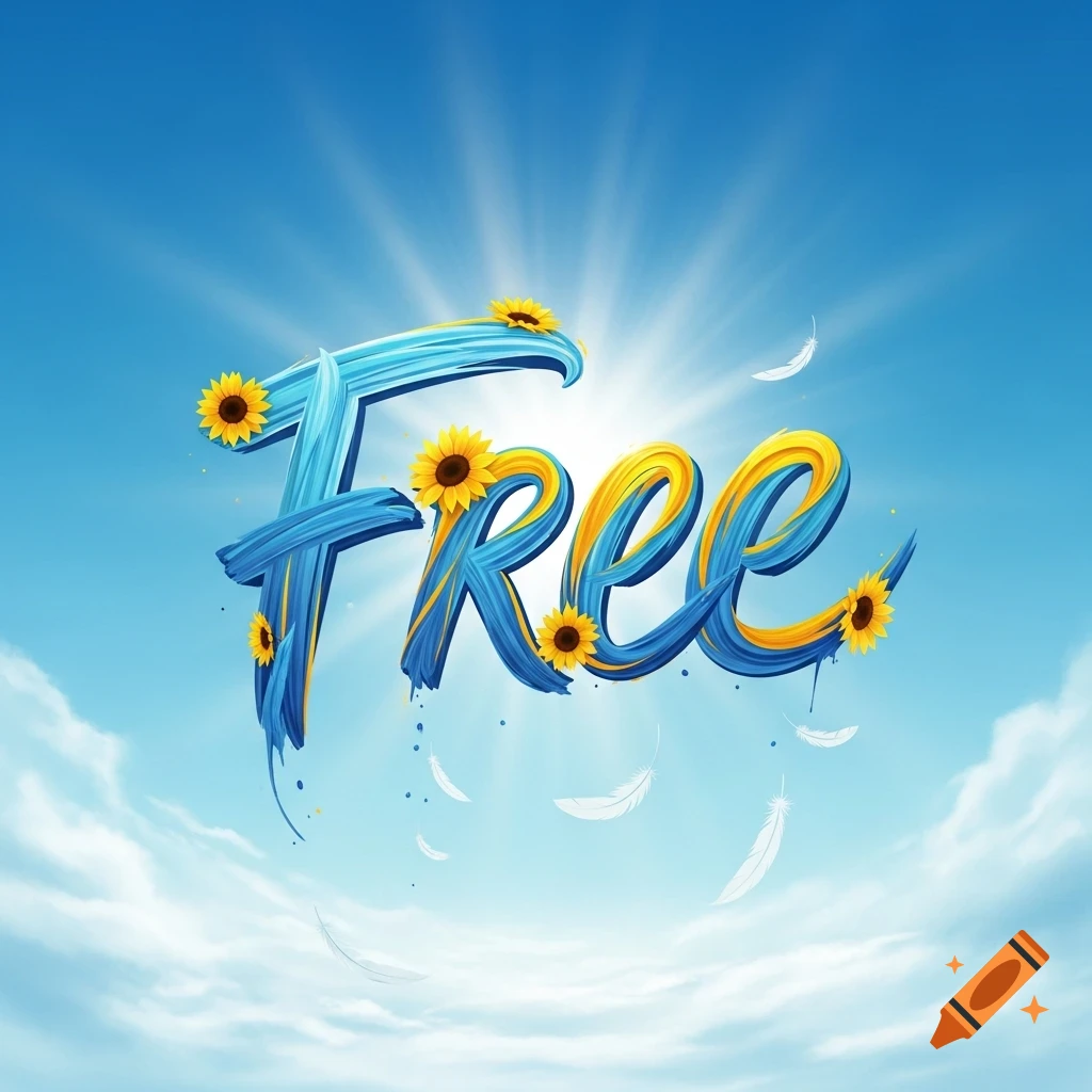 The word 'Free' in blue and yellow brushstrokes with sunflowers and feathers against a bright blue sky.