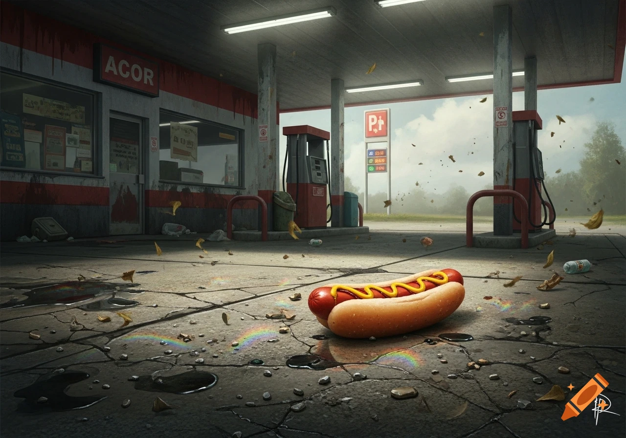 A giant hot dog with mustard lies on the cracked, dirty ground of an abandoned gas station with puddles reflecting rainbows.