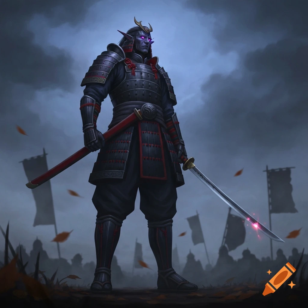 A dark elf samurai in black and red armor stands on a battlefield, holding two katanas, one glowing, under a stormy sky.