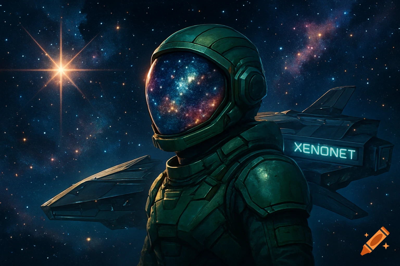 An astronaut in a green suit and helmet with a galaxy visible through the visor, stands in space with a spaceship labeled "XENONET" behind them, against a backdrop of stars.