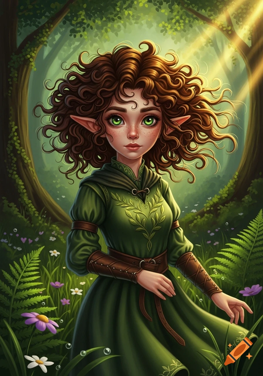 A fantasy illustration of an elf with curly brown hair, green eyes, and freckles, wearing a green medieval dress, in a sunlit forest.