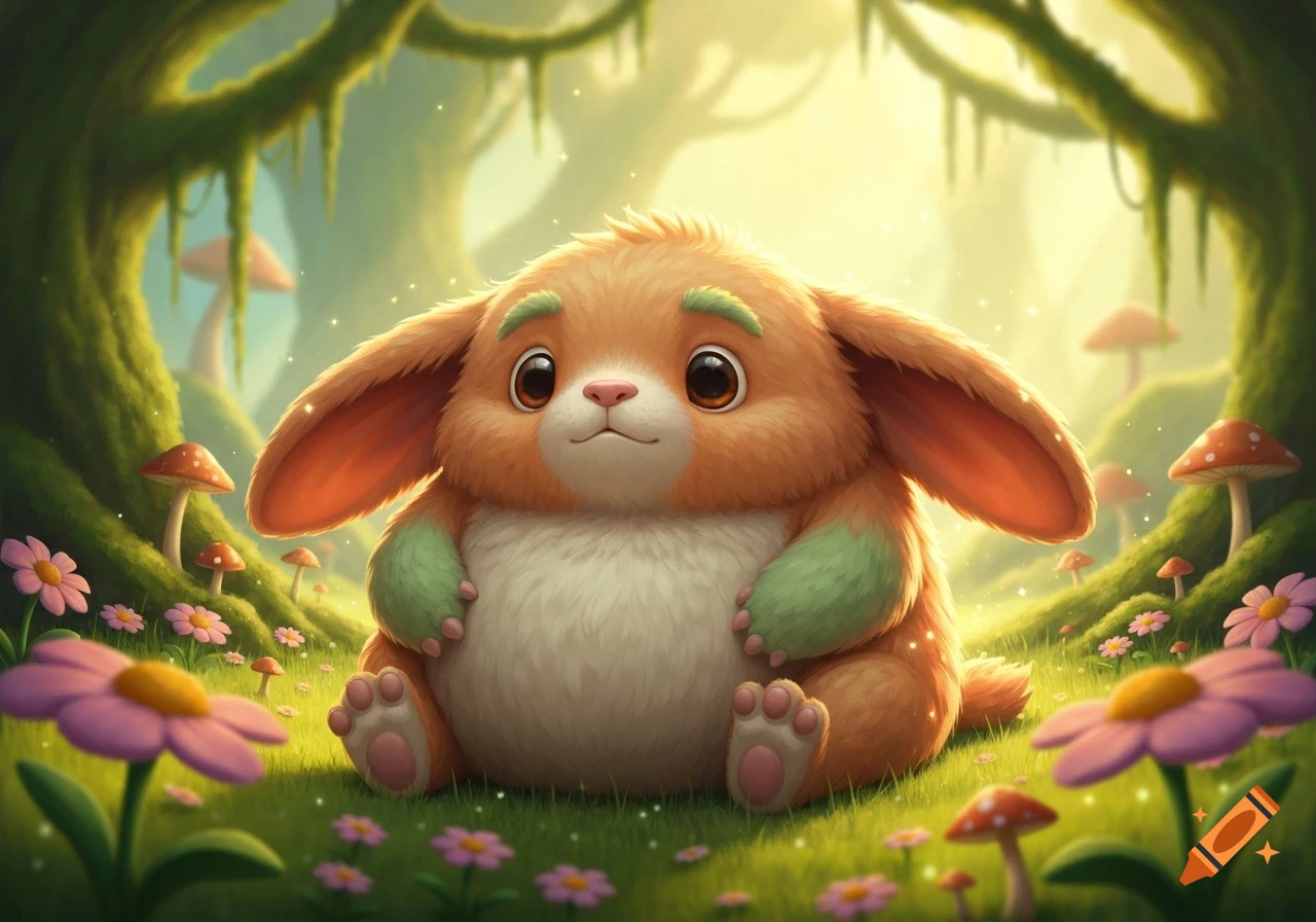 A fluffy orange, rabbit-like creature with green accents sits in a magical forest with flowers and mushrooms, cartoon style.