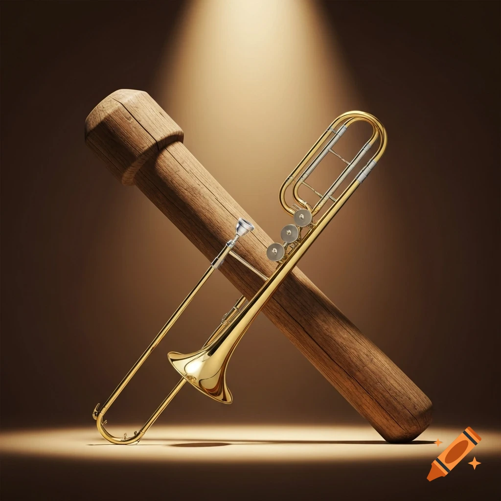 A golden trombone and a large wooden mallet crossed, spotlit against a brown background.