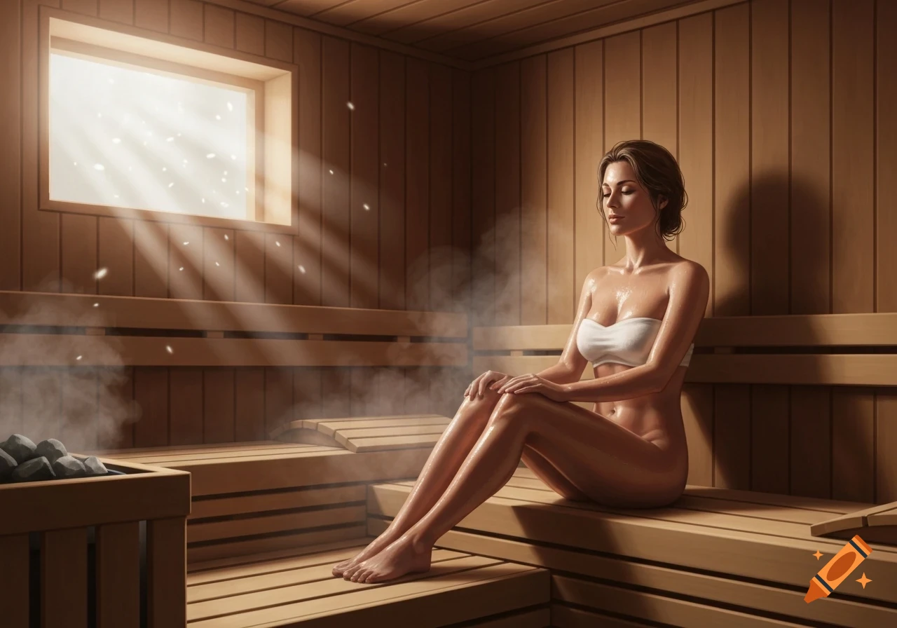 A woman relaxes on a wooden bench in a steamy sauna, illuminated by sunbeams from a window, in a photorealistic style.