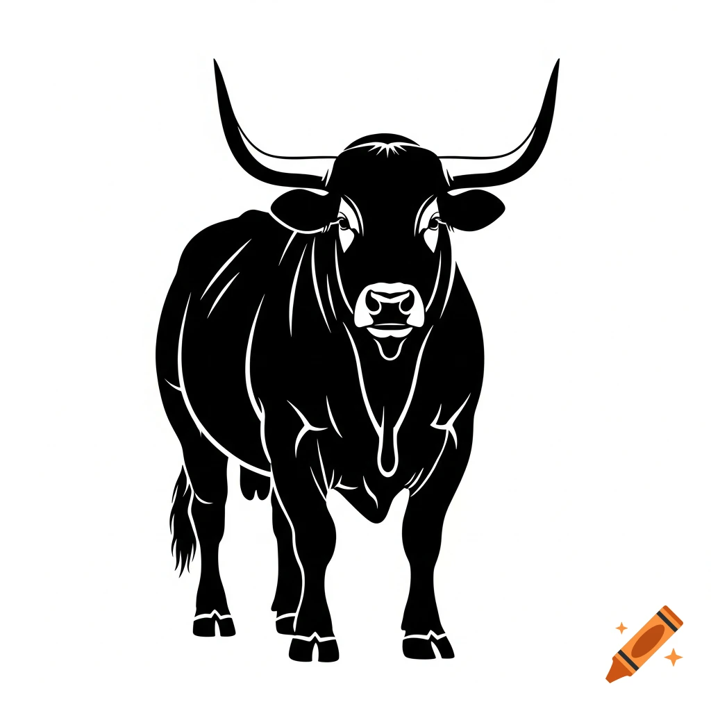 Black and white silhouette of a bull standing, looking forward, on a white background.