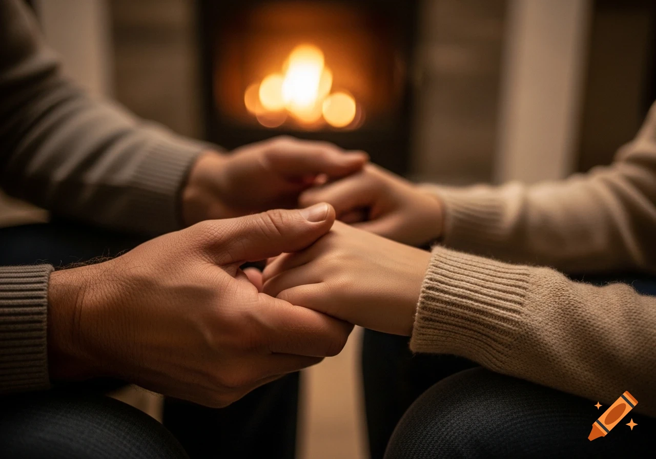 Close-up of a father and daughter holding hands in front of a glowing fireplace, creating a warm, cozy atmosphere.